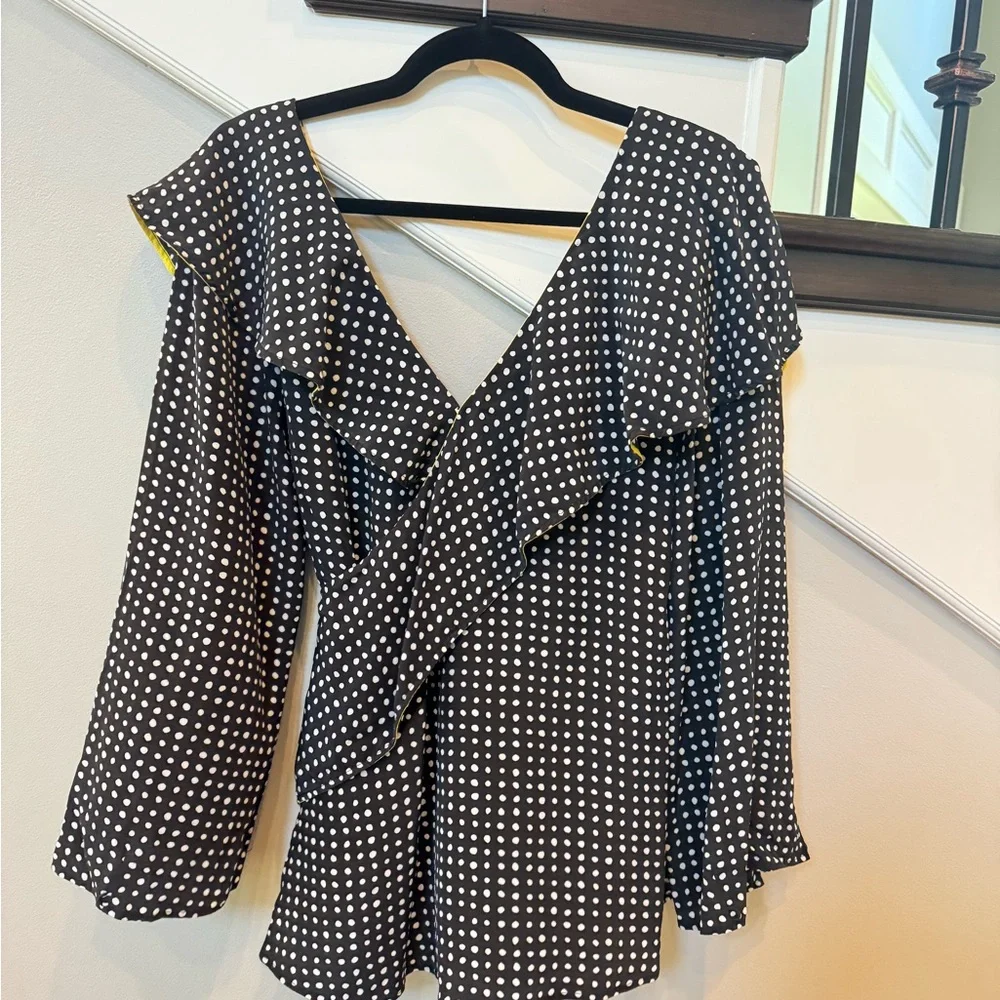 Diane Von Furstenberg Black and White Polka Dot Blouse with Yellow Trim - Picture 2 of 3